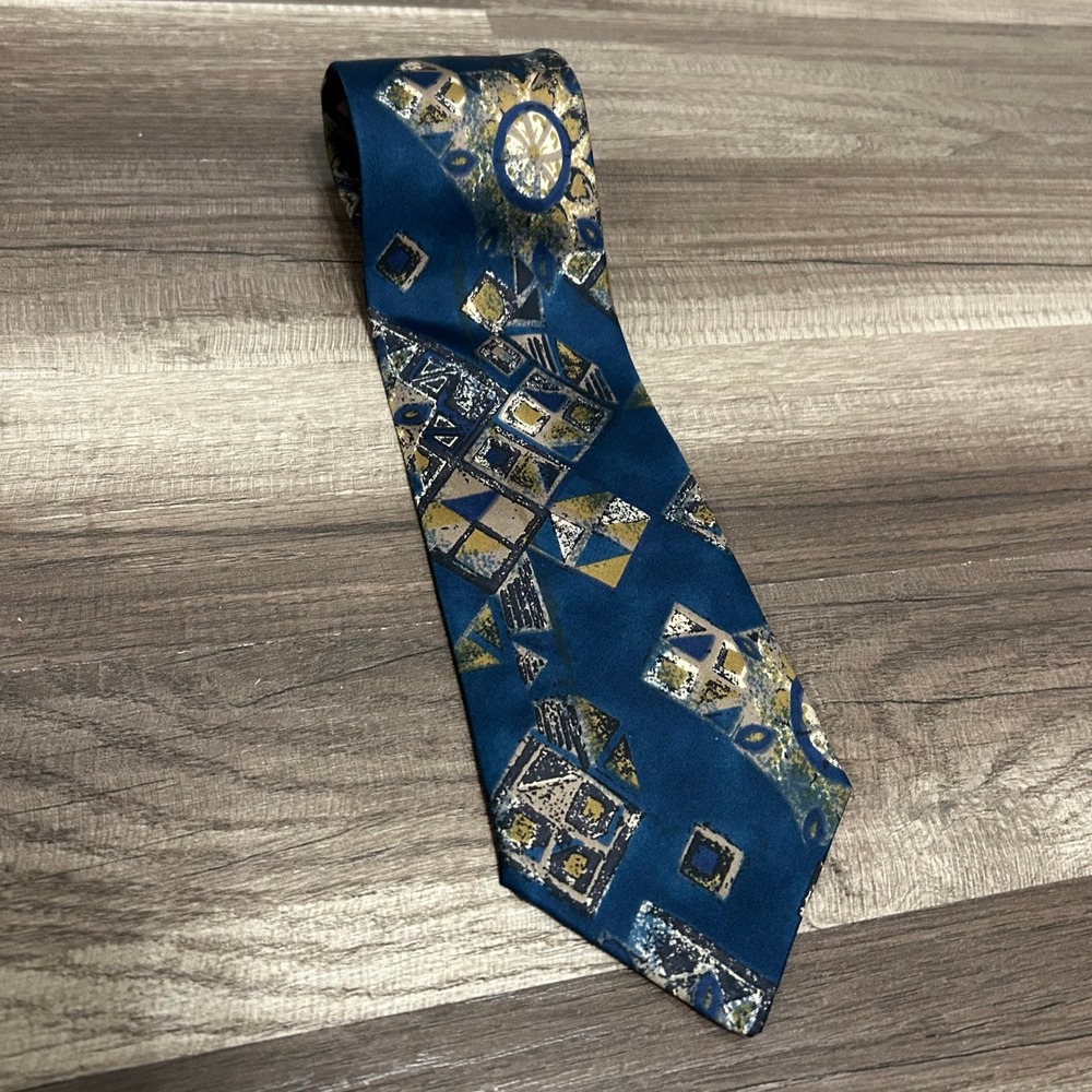 Viaggio Men's 100o% Silk Necktie Blue Gold Geometric Artsy Made in Italy Formal